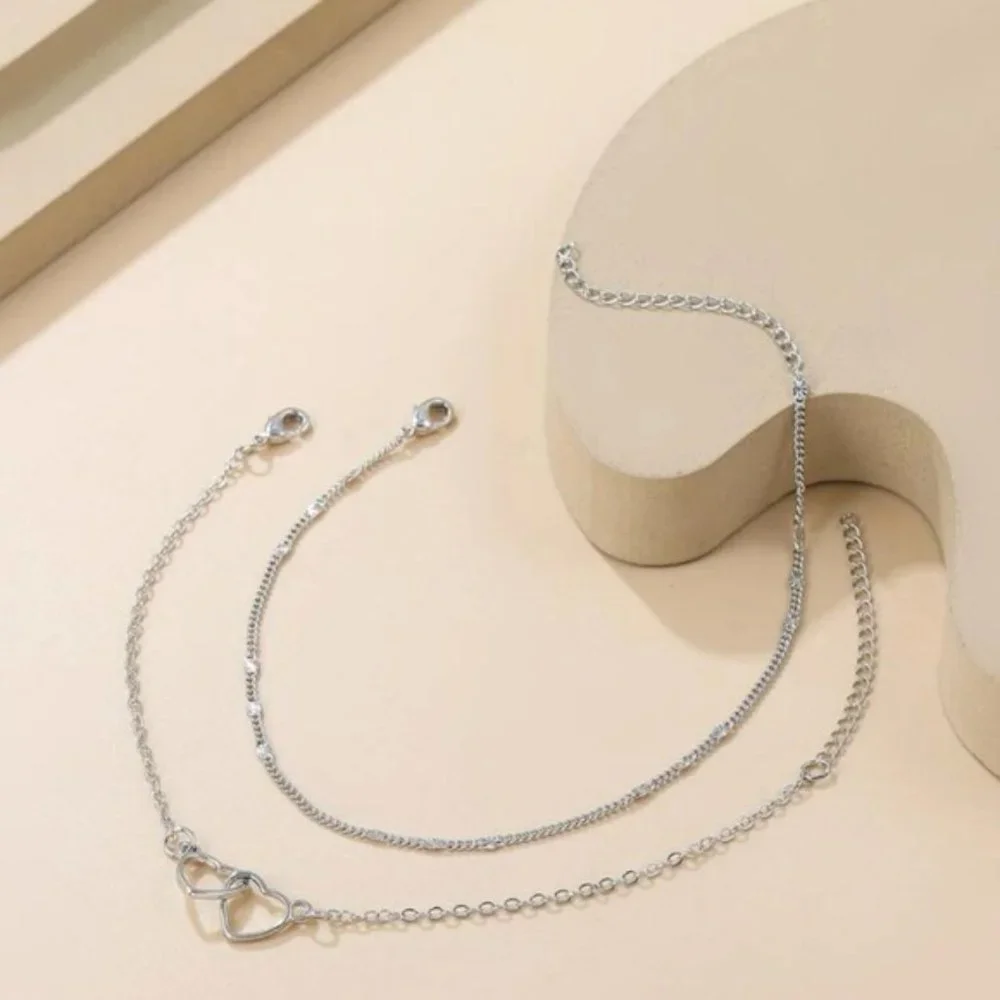 2pcs Heart Decor Bracelet Silver For Women Wedding Party